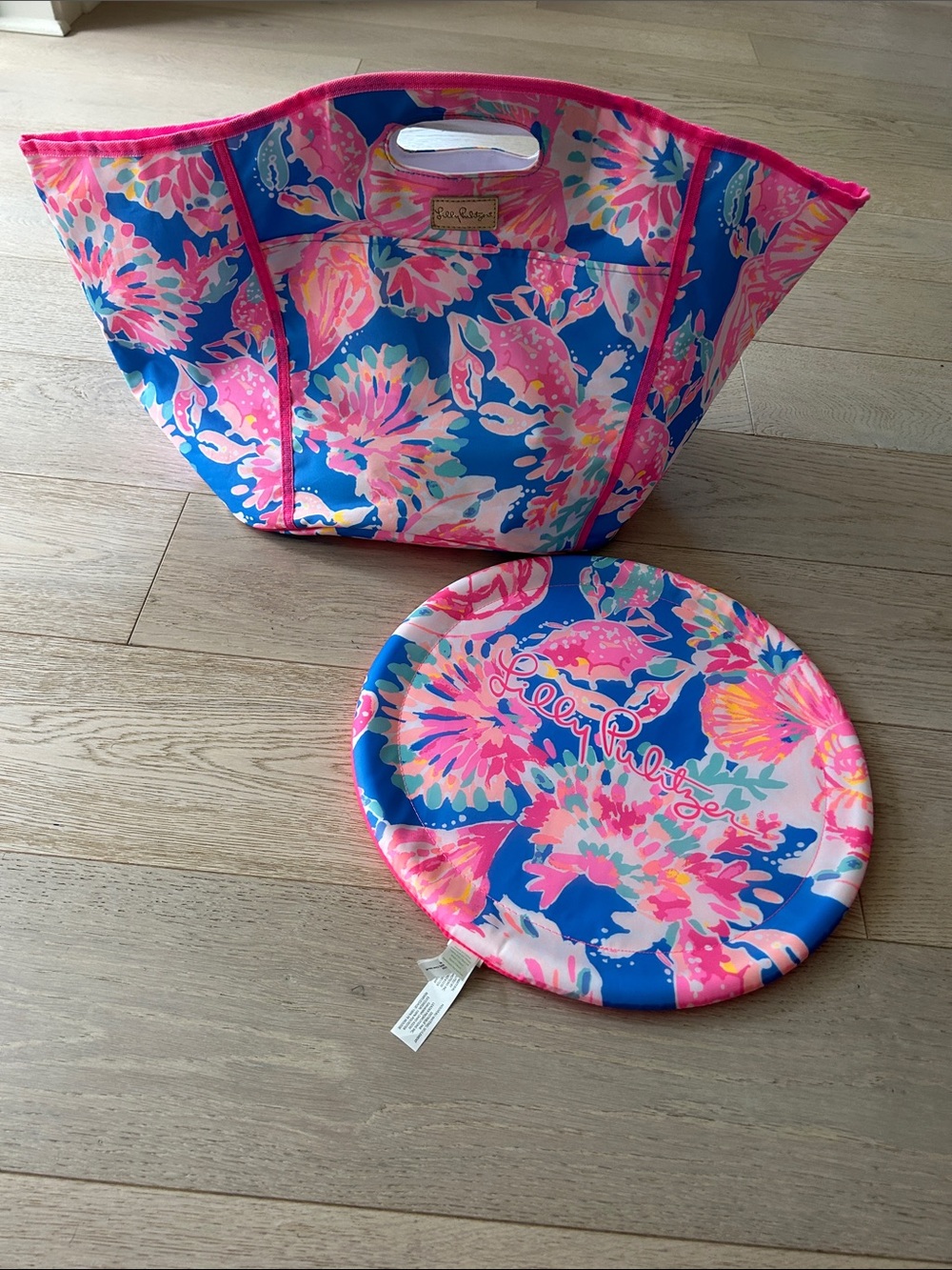 Lilly Pulitzer Blue, Pink & Coral Floral Tote with Matching Frisbee
